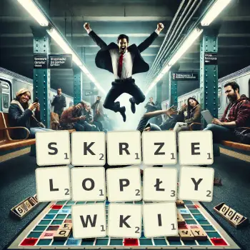 Kreatywna ilustracja do gry w Scrabble ze słowem SKRZELOPŁYWKI ułożonym z płytek na planszy.