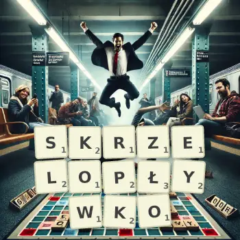 Kreatywna ilustracja do gry w Scrabble ze słowem SKRZELOPŁYWKO ułożonym z płytek na planszy.