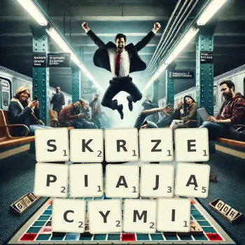 Kreatywna ilustracja do gry w Scrabble ze słowem SKRZEPIAJĄCYMI ułożonym z płytek na planszy.