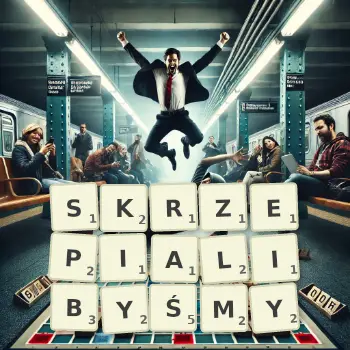 Kreatywna ilustracja do gry w Scrabble ze słowem SKRZEPIALIBYŚMY ułożonym z płytek na planszy.