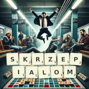Kreatywna ilustracja do gry w Scrabble ze słowem SKRZEPIALOM ułożonym z płytek na planszy.