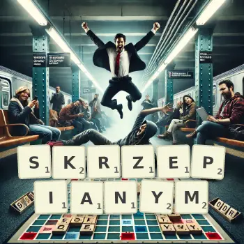 Kreatywna ilustracja do gry w Scrabble ze słowem SKRZEPIANYM ułożonym z płytek na planszy.