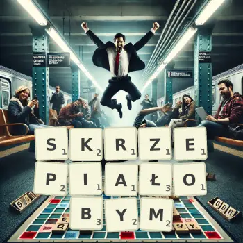 Kreatywna ilustracja do gry w Scrabble ze słowem SKRZEPIAŁOBYM ułożonym z płytek na planszy.