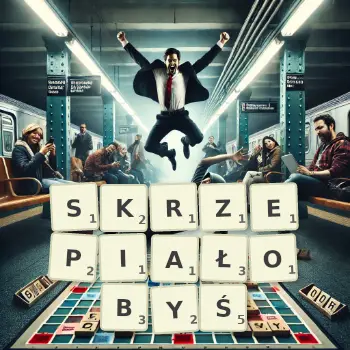 Kreatywna ilustracja do gry w Scrabble ze słowem SKRZEPIAŁOBYŚ ułożonym z płytek na planszy.
