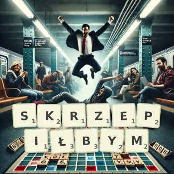 Kreatywna ilustracja do gry w Scrabble ze słowem SKRZEPIŁBYM ułożonym z płytek na planszy.