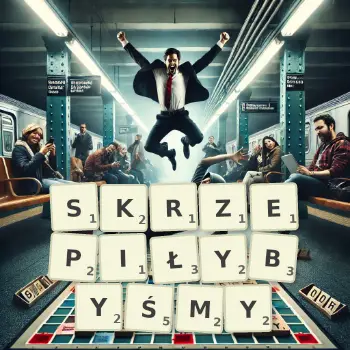 Kreatywna ilustracja do gry w Scrabble ze słowem SKRZEPIŁYBYŚMY ułożonym z płytek na planszy.