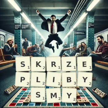Kreatywna ilustracja do gry w Scrabble ze słowem SKRZEPLIBYSMY ułożonym z płytek na planszy.