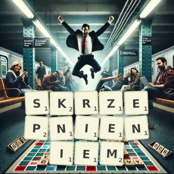 Kreatywna ilustracja do gry w Scrabble ze słowem SKRZEPNIENIEM ułożonym z płytek na planszy.