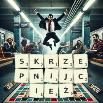 Kreatywna ilustracja do gry w Scrabble ze słowem SKRZEPNIJCIEŻ ułożonym z płytek na planszy.