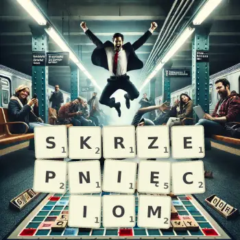 Kreatywna ilustracja do gry w Scrabble ze słowem SKRZEPNIĘCIOM ułożonym z płytek na planszy.
