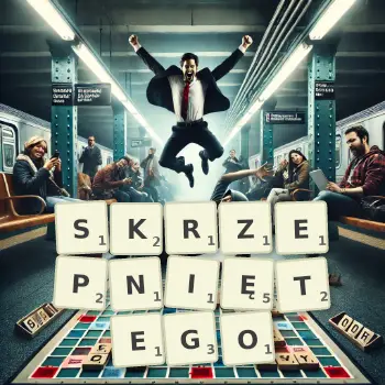 Kreatywna ilustracja do gry w Scrabble ze słowem SKRZEPNIĘTEGO ułożonym z płytek na planszy.