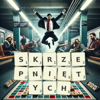 Kreatywna ilustracja do gry w Scrabble ze słowem SKRZEPNIĘTYCH ułożonym z płytek na planszy.