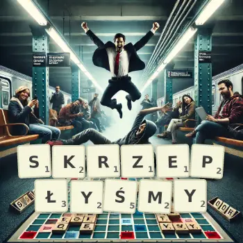 Kreatywna ilustracja do gry w Scrabble ze słowem SKRZEPŁYŚMY ułożonym z płytek na planszy.
