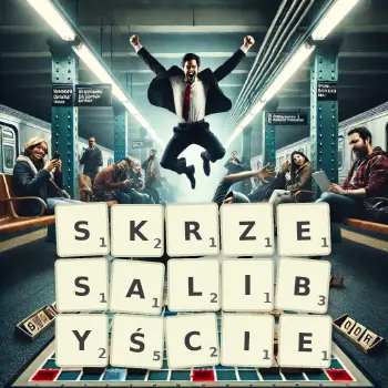 Kreatywna ilustracja do gry w Scrabble ze słowem SKRZESALIBYŚCIE ułożonym z płytek na planszy.