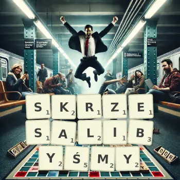 Kreatywna ilustracja do gry w Scrabble ze słowem SKRZESALIBYŚMY ułożonym z płytek na planszy.
