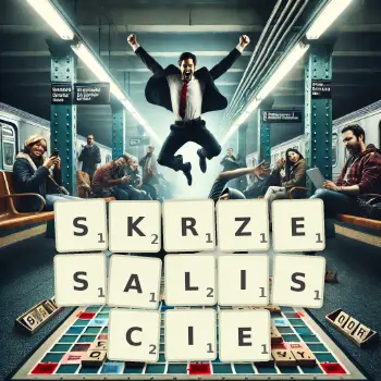 Kreatywna ilustracja do gry w Scrabble ze słowem SKRZESALISCIE ułożonym z płytek na planszy.