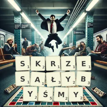 Kreatywna ilustracja do gry w Scrabble ze słowem SKRZESAŁYBYŚMY ułożonym z płytek na planszy.
