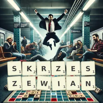 Kreatywna ilustracja do gry w Scrabble ze słowem SKRZESZEWIAN ułożonym z płytek na planszy.