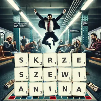 Kreatywna ilustracja do gry w Scrabble ze słowem SKRZESZEWIANINA ułożonym z płytek na planszy.