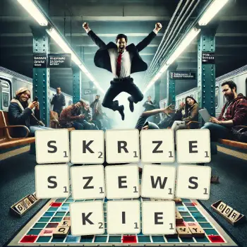 Kreatywna ilustracja do gry w Scrabble ze słowem SKRZESZEWSKIE ułożonym z płytek na planszy.