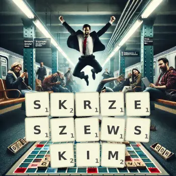 Kreatywna ilustracja do gry w Scrabble ze słowem SKRZESZEWSKIM ułożonym z płytek na planszy.