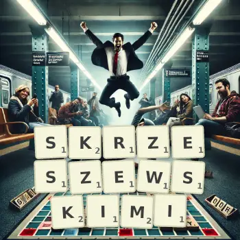 Kreatywna ilustracja do gry w Scrabble ze słowem SKRZESZEWSKIMI ułożonym z płytek na planszy.