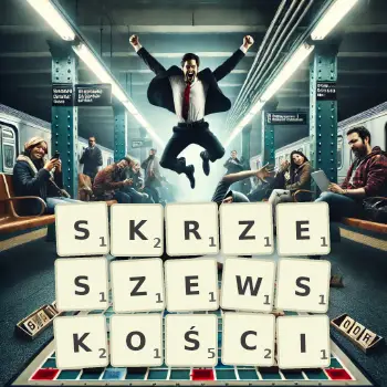 Kreatywna ilustracja do gry w Scrabble ze słowem SKRZESZEWSKOŚCI ułożonym z płytek na planszy.