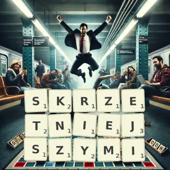 Kreatywna ilustracja do gry w Scrabble ze słowem SKRZETNIEJSZYMI ułożonym z płytek na planszy.