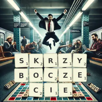 Kreatywna ilustracja do gry w Scrabble ze słowem SKRZYBOCZECIE ułożonym z płytek na planszy.