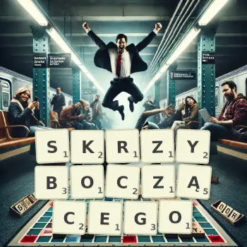 Kreatywna ilustracja do gry w Scrabble ze słowem SKRZYBOCZĄCEGO ułożonym z płytek na planszy.