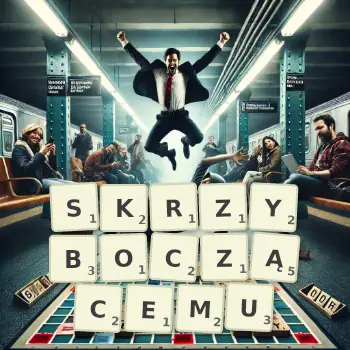 Kreatywna ilustracja do gry w Scrabble ze słowem SKRZYBOCZĄCEMU ułożonym z płytek na planszy.