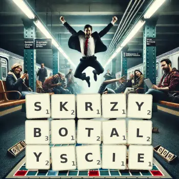 Kreatywna ilustracja do gry w Scrabble ze słowem SKRZYBOTALYSCIE ułożonym z płytek na planszy.