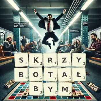 Kreatywna ilustracja do gry w Scrabble ze słowem SKRZYBOTAŁBYM ułożonym z płytek na planszy.