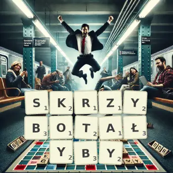 Kreatywna ilustracja do gry w Scrabble ze słowem SKRZYBOTAŁYBY ułożonym z płytek na planszy.