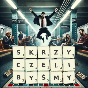 Kreatywna ilustracja do gry w Scrabble ze słowem SKRZYCZELIBYŚMY ułożonym z płytek na planszy.