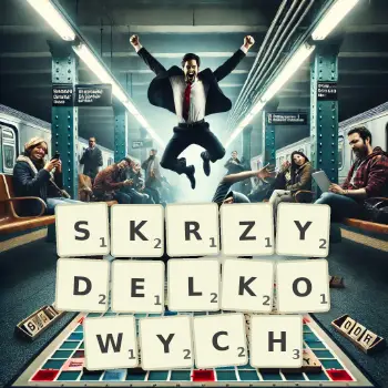 Kreatywna ilustracja do gry w Scrabble ze słowem SKRZYDELKOWYCH ułożonym z płytek na planszy.
