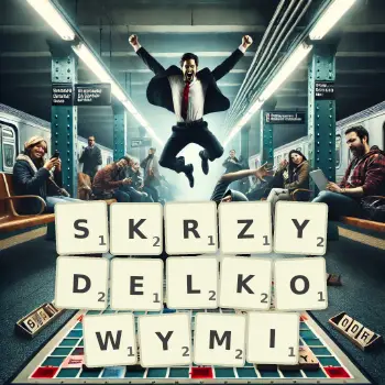 Kreatywna ilustracja do gry w Scrabble ze słowem SKRZYDELKOWYMI ułożonym z płytek na planszy.