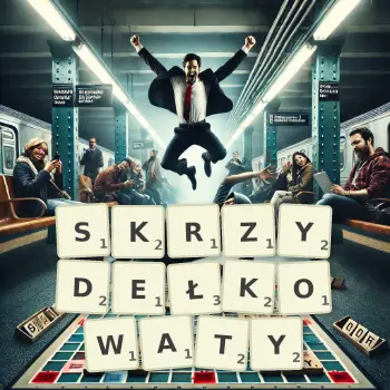 Kreatywna ilustracja do gry w Scrabble ze słowem SKRZYDEŁKOWATY ułożonym z płytek na planszy.