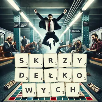Kreatywna ilustracja do gry w Scrabble ze słowem SKRZYDEŁKOWYCH ułożonym z płytek na planszy.