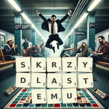 Kreatywna ilustracja do gry w Scrabble ze słowem SKRZYDLASTEMU ułożonym z płytek na planszy.