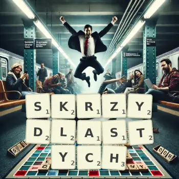 Kreatywna ilustracja do gry w Scrabble ze słowem SKRZYDLASTYCH ułożonym z płytek na planszy.