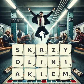 Kreatywna ilustracja do gry w Scrabble ze słowem SKRZYDLINIAKIEM ułożonym z płytek na planszy.