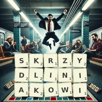 Kreatywna ilustracja do gry w Scrabble ze słowem SKRZYDLINIAKOWI ułożonym z płytek na planszy.