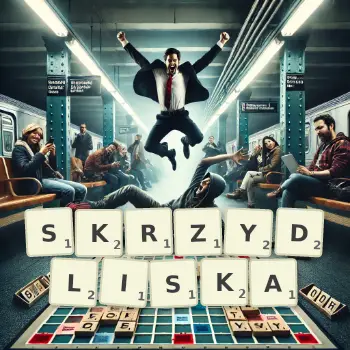 Kreatywna ilustracja do gry w Scrabble ze słowem SKRZYDLISKA ułożonym z płytek na planszy.