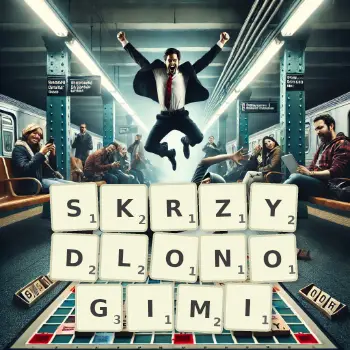 Kreatywna ilustracja do gry w Scrabble ze słowem SKRZYDLONOGIMI ułożonym z płytek na planszy.