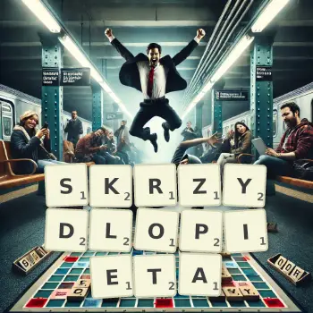 Kreatywna ilustracja do gry w Scrabble ze słowem SKRZYDLOPIETA ułożonym z płytek na planszy.