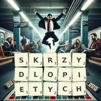 Kreatywna ilustracja do gry w Scrabble ze słowem SKRZYDLOPIETYCH ułożonym z płytek na planszy.