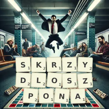 Kreatywna ilustracja do gry w Scrabble ze słowem SKRZYDLOSZPONA ułożonym z płytek na planszy.