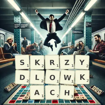 Kreatywna ilustracja do gry w Scrabble ze słowem SKRZYDLOWKACH ułożonym z płytek na planszy.
