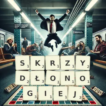 Kreatywna ilustracja do gry w Scrabble ze słowem SKRZYDŁONOGIEJ ułożonym z płytek na planszy.